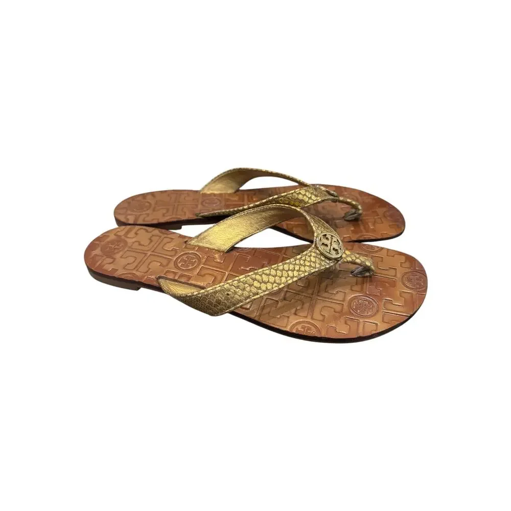 Tory Burch Thora 2 Metallic Tumbled Snake Print Gold Flip Flops 7